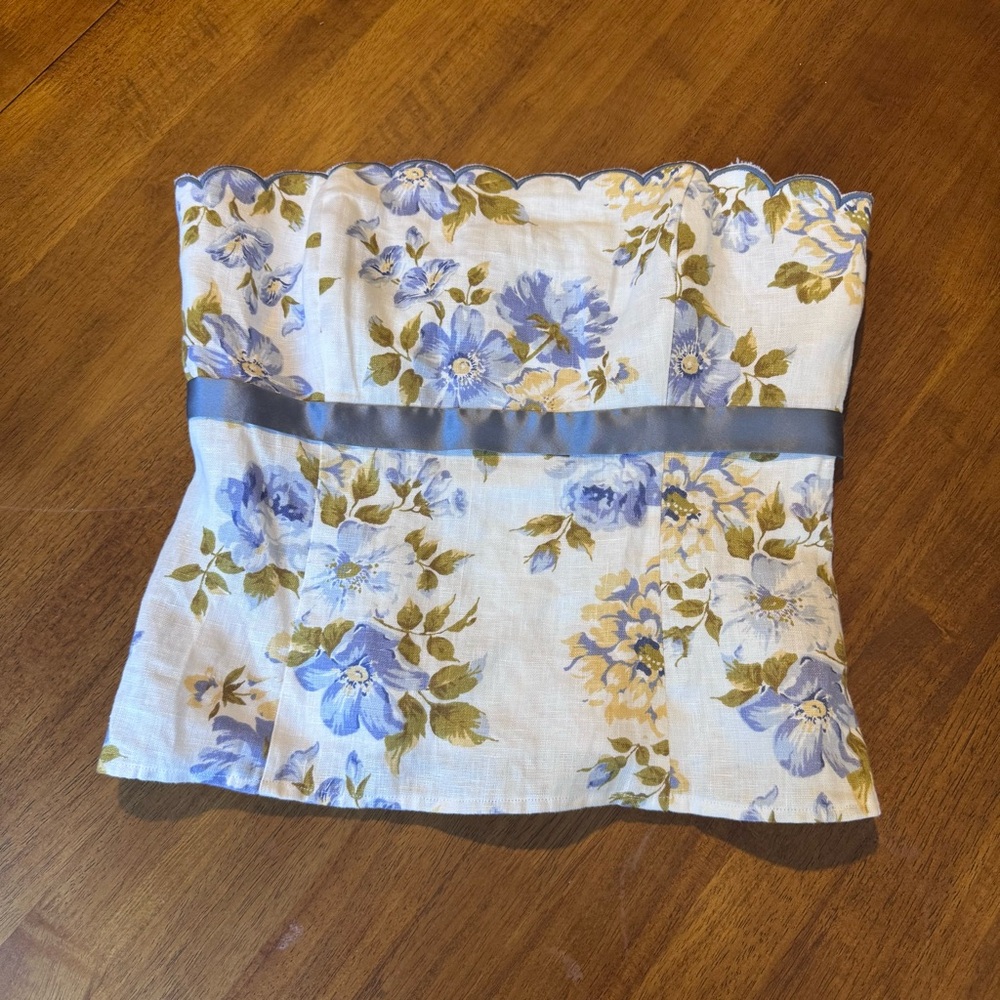 Reformation Blue and Olive Floral Strapless Bustier